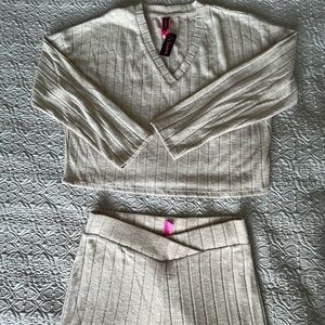 Beige Ribbed Knit Lounge Set
